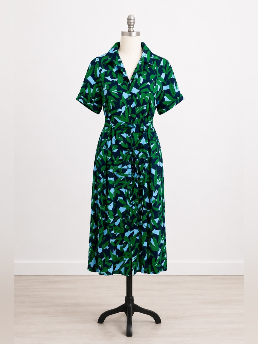 Walter Baker Valencia Leaf Print Belted Midi Shirt Dress Size Small